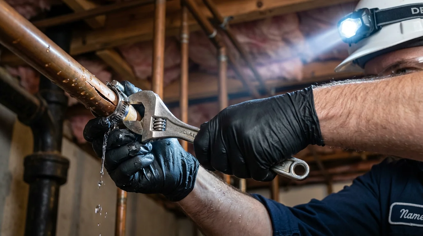 Emergency pipe clamp repair being performed by a Johns Plumbing LLC plumber in Downingtown
