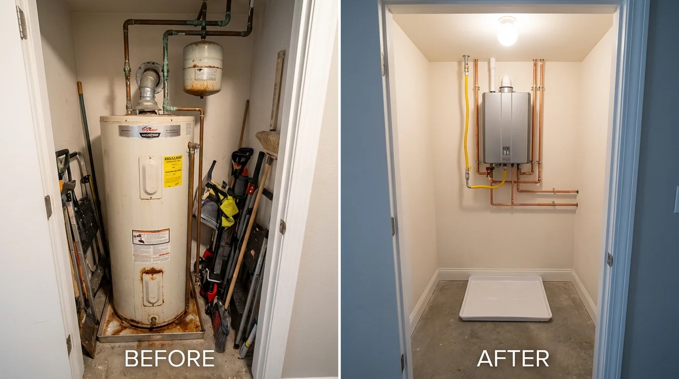 Tank water heater versus wall-mounted tankless unit comparison for Downingtown, PA homeowners