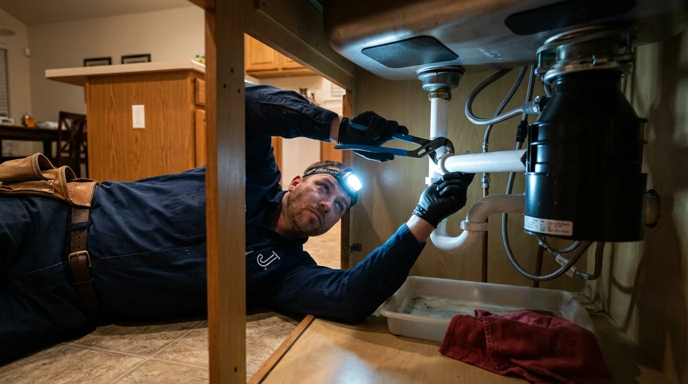 P-trap and supply line connections under a kitchen sink showing a common leak point in Downingtown, PA